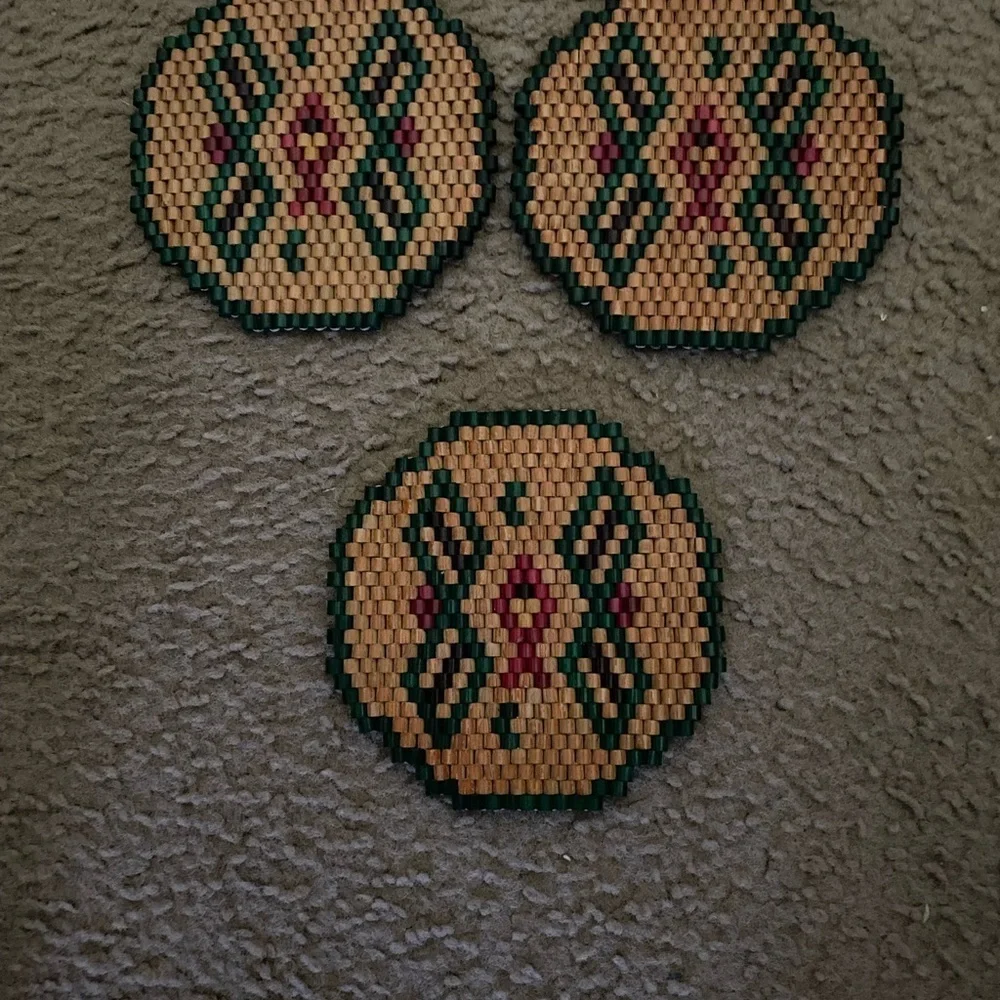 Vintage Set Of 3 Wooden Beaded Geometric Patterned Trivets For Hot Cookware 6in